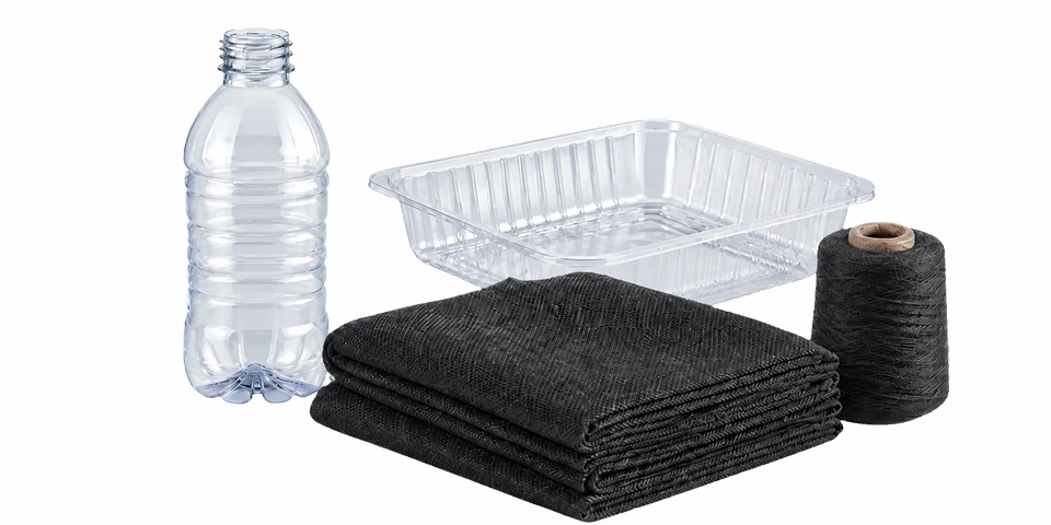 Representative PET bottle and thermoformed tray with woven polyester textile and yarn