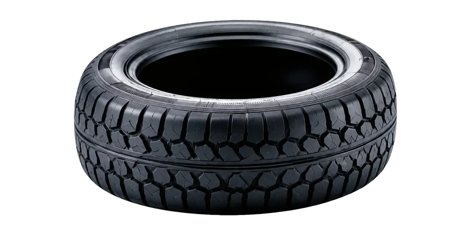 Black automotive tire showing rubber tread and sidewall