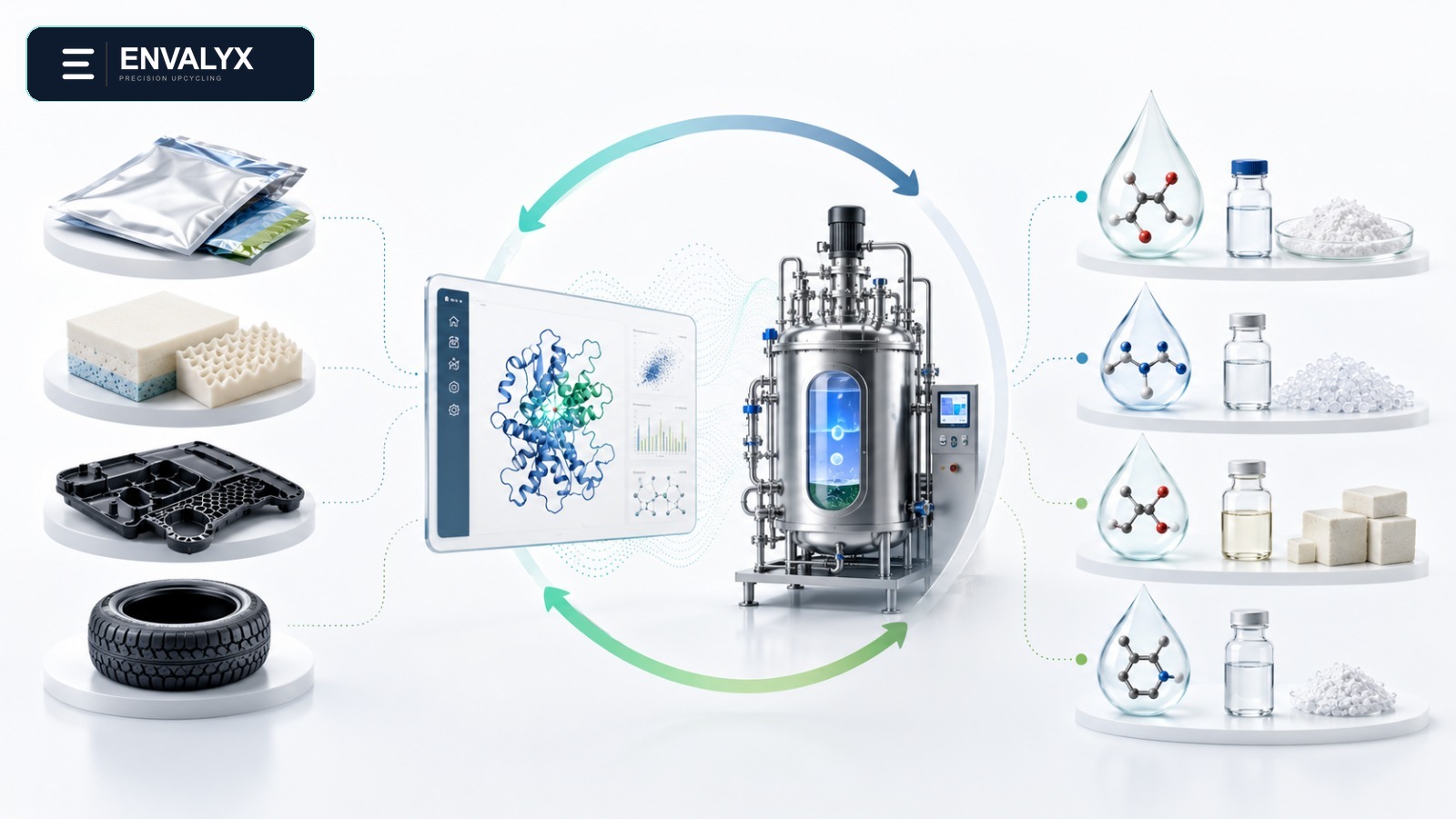 Envalyx process overview showing complex polymer feedstocks, enzyme-enabled process development, and recovered chemical outputs